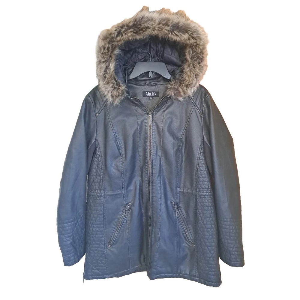 Mo-Ka By Santa Fe Apparel Faux Leather Hooded Jacket‎ Brown Women's XL Pre-owned